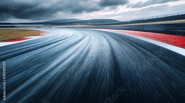 Fototapeta Wet race track on a cloudy day, showing motion blur of a fast-moving vehicle.