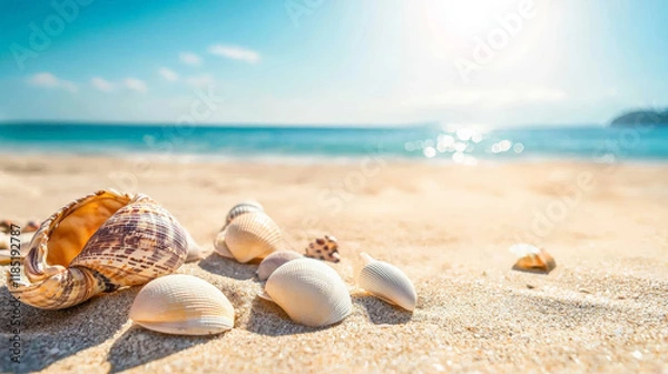 Fototapeta Scattered seashells on sandy beach under warm sunlight, evoking tranquility