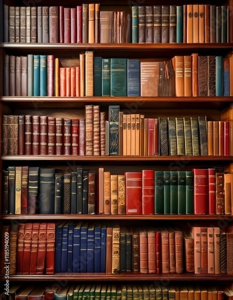 Fototapeta Rows of antique books fill a classic wooden bookshelf.
