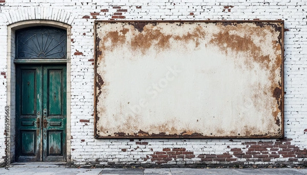 Fototapeta Vintage sign mockup of large blank signage on the side of a brick building exterior wall with rough crumbling bricks and peeling paint