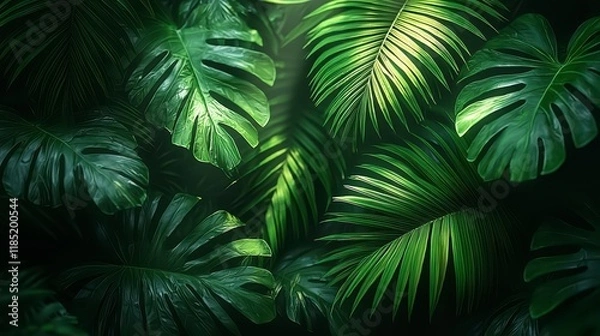 Fototapeta Lush green tropical leaves illuminated by sunlight.