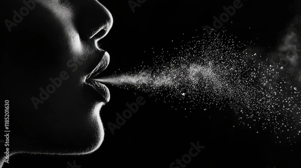 Fototapeta A hyper-realistic close-up of vapor swirling out of a person's lips, captured in monochromatic tones against a jet-black background, High Contrast, Minimalist