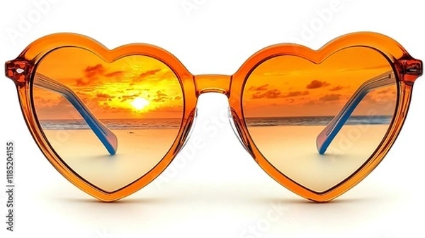 Fototapeta Flat design heart-shaped sunglasses with a reflection of a beach sunset.
