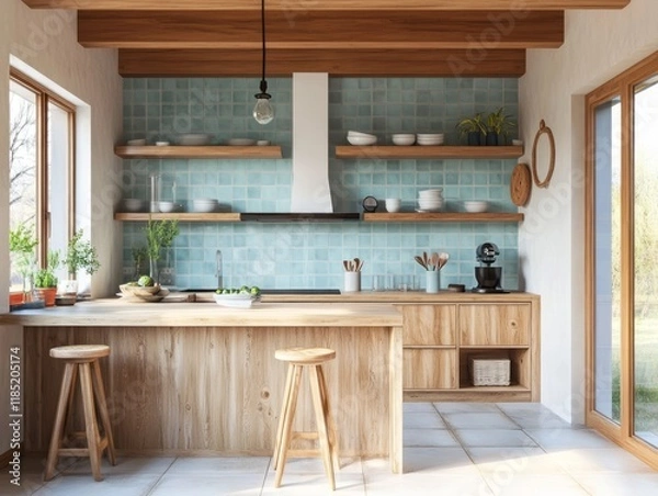 Fototapeta Modern Kitchen Island with Wooden Accents and Teal Tiles