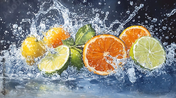 Obraz A mix of citrus fruits bursting out of icy water with splashes in cold blue tones