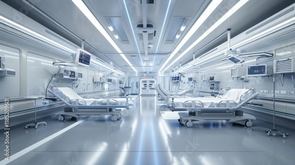 Fototapeta Advanced medical diagnostic equipment analyzing data in a sterile, futuristic laboratory with illuminated panels and clean design