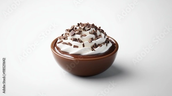 Fototapeta  photo of a chocolate pudding served in a small dish with whipped cream and chocolate shavings on top, displayed in the center of a clean white background. 