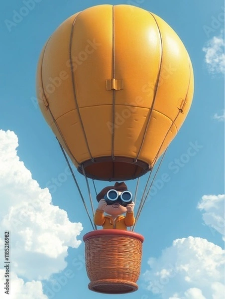 Fototapeta Whimsical Hot Air Balloon Scene with Cartoon Character and Binoculars in Bright Sky