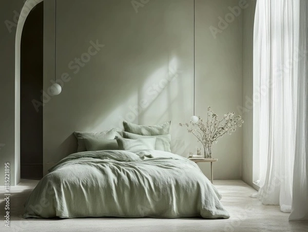 Fototapeta Sage Green Linen Bedding in a Minimalist Bedroom