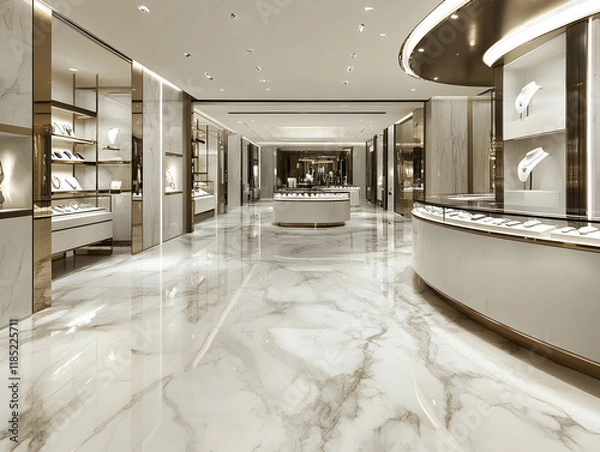 Fototapeta Elegant jewelry store interior featuring marble flooring and display cases.