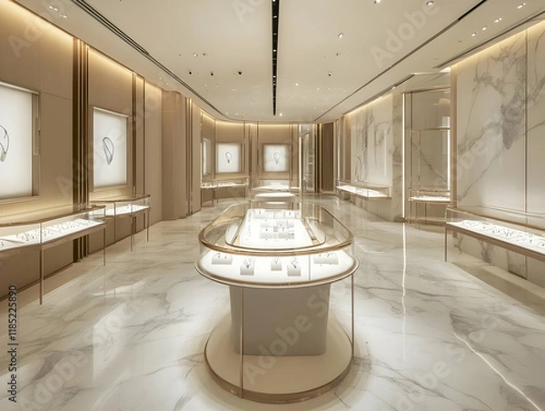 Fototapeta Elegant jewelry store interior featuring display cases and marble finishes.