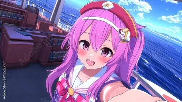 Fototapeta A cheerful anime girl takes a selfie on a ship's deck.