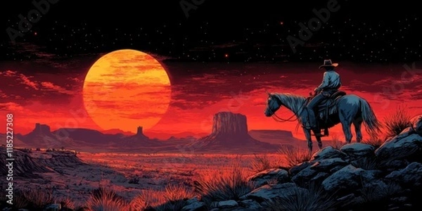 Fototapeta A Lone Cowboy Rides Into the Night: A Serene Moment Under the Vast Starry Sky as a Rider Observes the Fiery Sunset Amidst a Majestic Desert Landscape