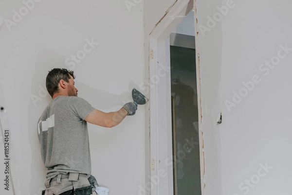 Obraz A young builder is plastering a doorway.