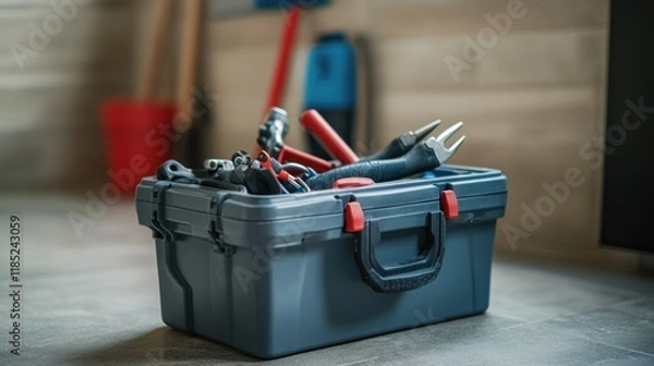 Fototapeta A toolbox filled with various tools for repair and maintenance tasks.
