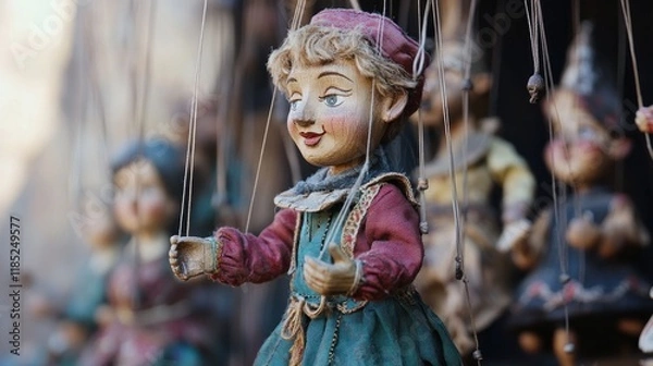 Fototapeta A close-up of intricately designed marionette puppets hanging in a display.