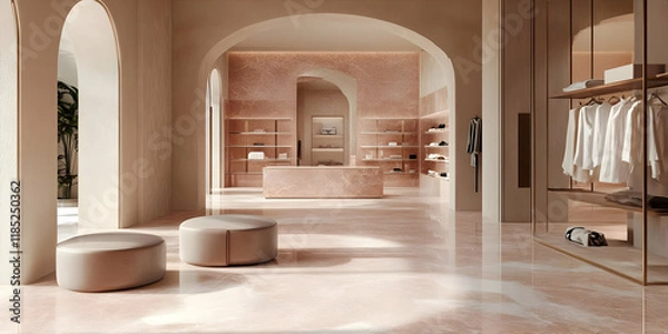 Fototapeta Modern retail space featuring minimalist design and soft pastel tones.