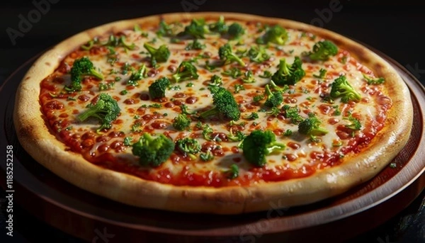 Fototapeta A close-up of a delicious pizza topped with melted cheese, tomato sauce, and broccoli florets.