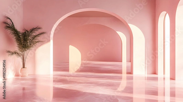 Fototapeta A serene interior featuring soft pink tones and arches, creating a tranquil atmosphere.