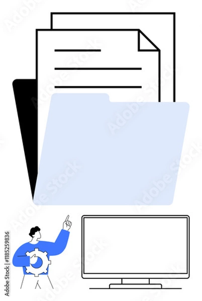 Fototapeta Stacked papers and a blue folder representing digital organization, a person holding a cogwheel next to a computer monitor. Ideal for document management, office systems, efficiency training