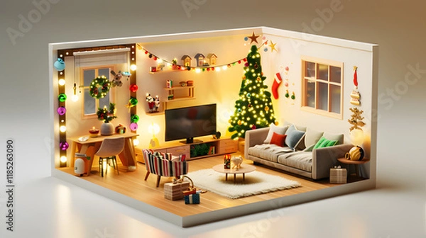 Fototapeta decoration with String Lights Christmas isometric 3D