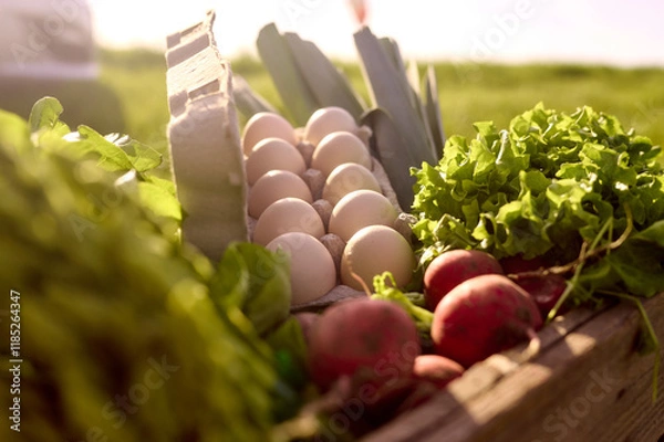 Fototapeta Eier und Gemüse auf einem Feld in einem Korb