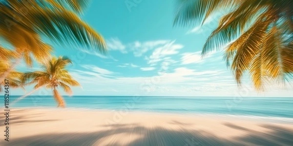 Fototapeta Summers Paradise A blurred background of a beautiful sandy beach with palm trees and a blue sky, a perfect summer vacation concept banner