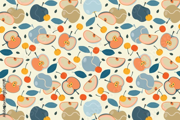 Fototapeta Apples and cherry fruit abstract design seamless repeat pattern