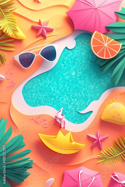 Fototapeta A vibrant summer scene featuring a pool, beach umbrellas, and tropical elements.