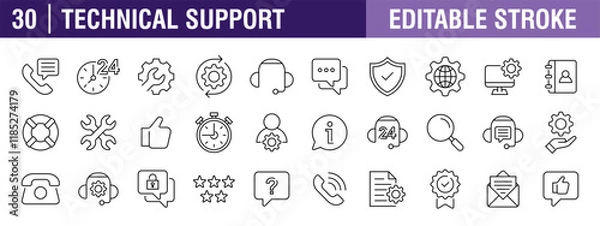 Fototapeta Collection of technical support icons. Help, complaints, customer service. Vector design template, signs, symbols, editable stroke.