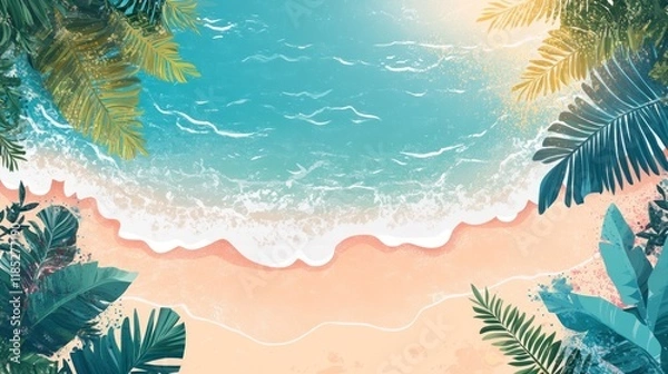 Fototapeta Tropical beach aerial view with turquoise water, soft waves, and lush foliage.