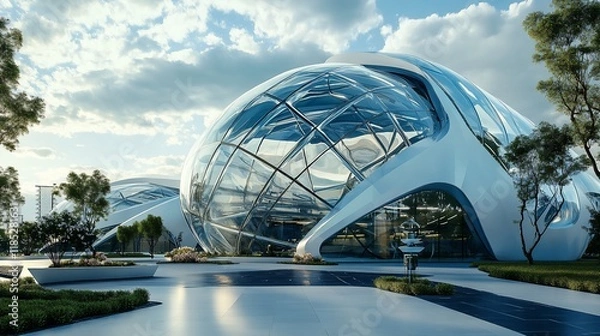Fototapeta Futuristic glass sphere building complex in a park-like setting.