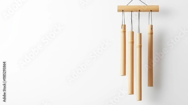 Fototapeta Wooden Wind Chimes Hanging Against a White Background with Natural Elements Representing Calmness and Serenity in Outdoor Spaces for Home Decor