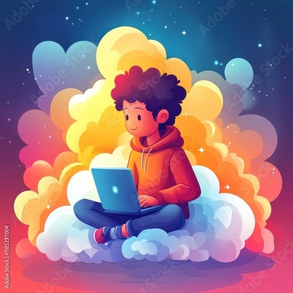 Fototapeta Young Man with Laptop in Cloud Storage and Data Server Concept Modern Digital Illustration