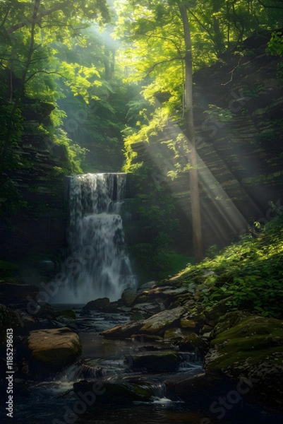 Fototapeta Majestic Waterfall Cascading Over Rugged Cliff with Lush Foliage and Tranquil Pool, Sunlight Penetrates Through Treetops Creating a Serene Natural Scene