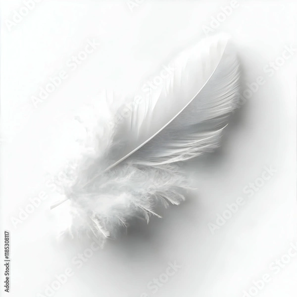 Fototapeta White feather floats, studio shot, minimal background, peace concept