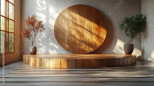 Fototapeta Circular Wooden Signboard on Striped Wall in Soft Morning Light for Shop Branding