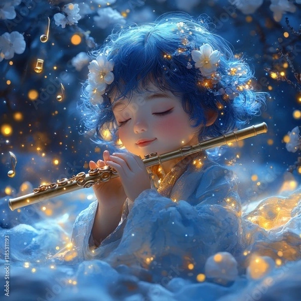 Obraz Blue Skinned Boy Playing Flute Cartoon Style Dreamy Atmosphere Musical Notes Floating