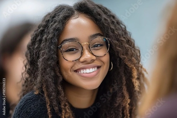 Obraz Happy black student and her friends talk while learning in classroom at high school. Generative AI