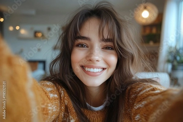 Fototapeta Young happy woman takes selfie while holding key of her new apartment and looking at camera. Generative AI