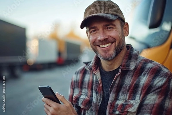 Fototapeta Happy truck driver using cell phone on parking lot and looking at camera. Generative AI