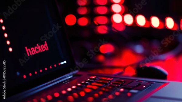 Fototapeta A close-up of a laptop screen displaying a bold “Hacked” message, surrounded by red and black warning lights, symbolizing a cybersecurity breach and data compromise.