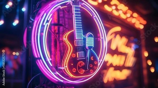 Fototapeta Neon Guitar Sign Adorns Vibrant Nightclub Scene