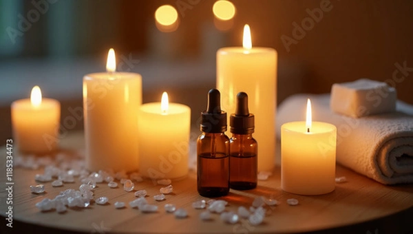 Fototapeta Relaxing Spa Day with Candles and Essential Oils, 