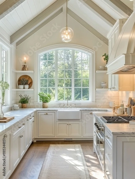 Obraz Bright White Kitchen With Large Window and Vaulted Ceiling