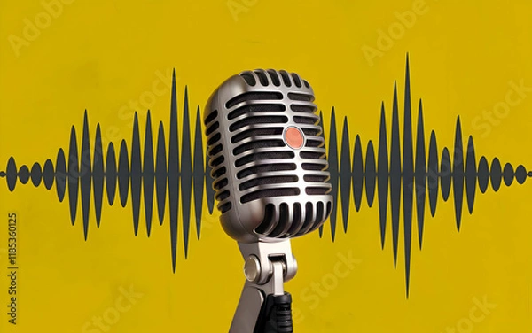 Obraz Microphone with sound waves on yellow background. podcasting and audio recording work. mic with waves.