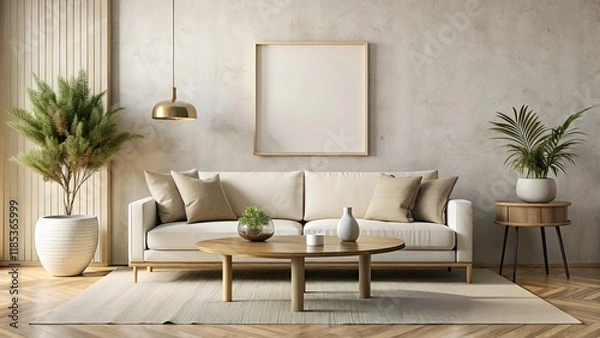 Fototapeta Minimalistic Scandinavian Living Room with White Sofa, Stone Table, and Mockup Poster Frame for Modern Interior Design Inspiration