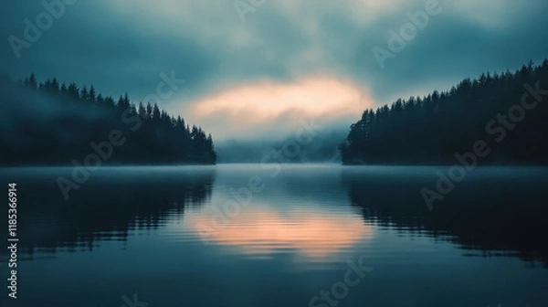 Fototapeta Misty Morning Reflections: A serene and tranquil scene of a still lake surrounded by forested hills, with a misty sunrise casting an ethereal glow over the water.
