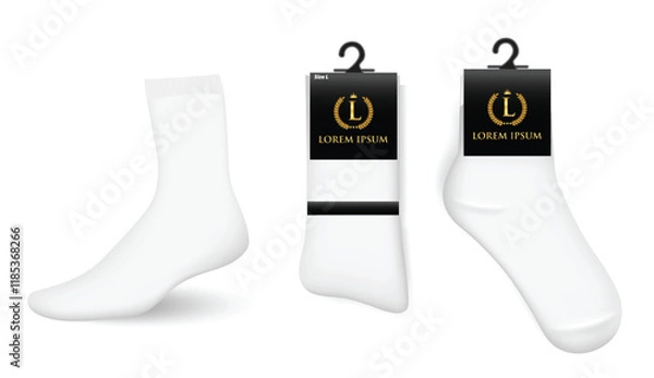Fototapeta Set Illustration of various white socks Packaging with Hooks, foot wear mockup isolated  
