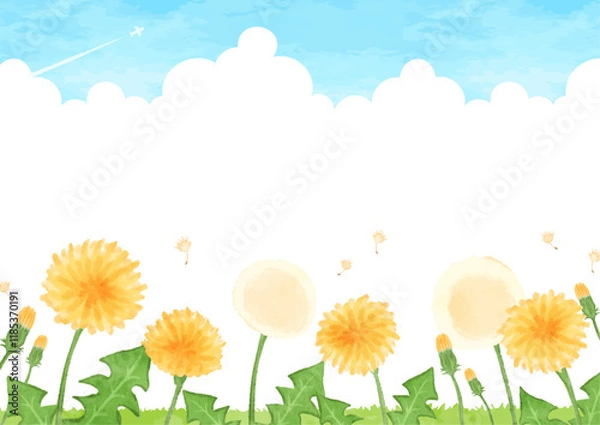 Obraz 手描きのタンポポと青空の風景イラスト